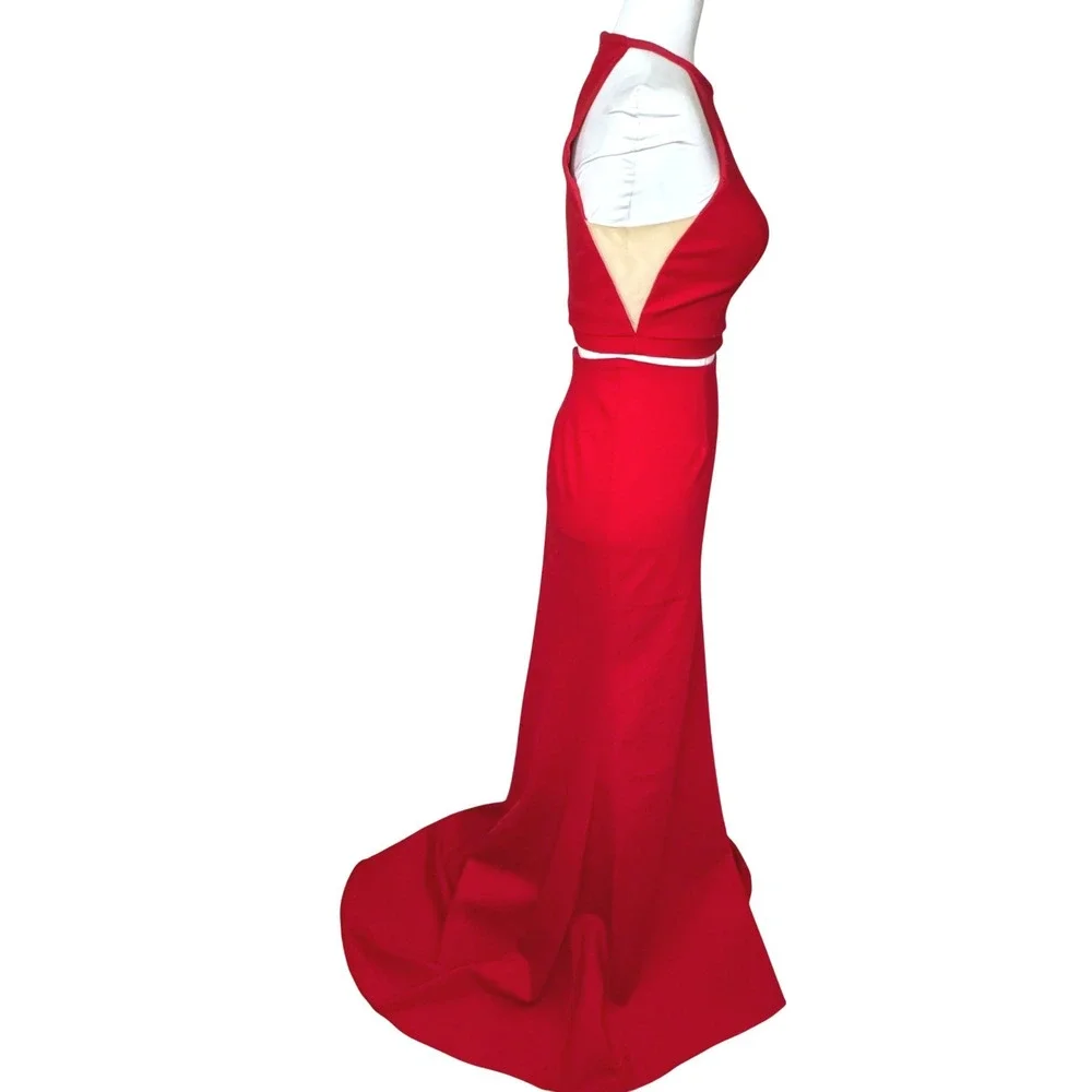 Sherri Hill Red 2 Piece Gown Halter Crop Top Mermaid Train Skirt Glam Slit‎ Sz 4